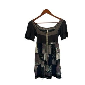 Free People Vintage Patchwork Tunic Top Dress Small Milkmaid Rare Cottagecore